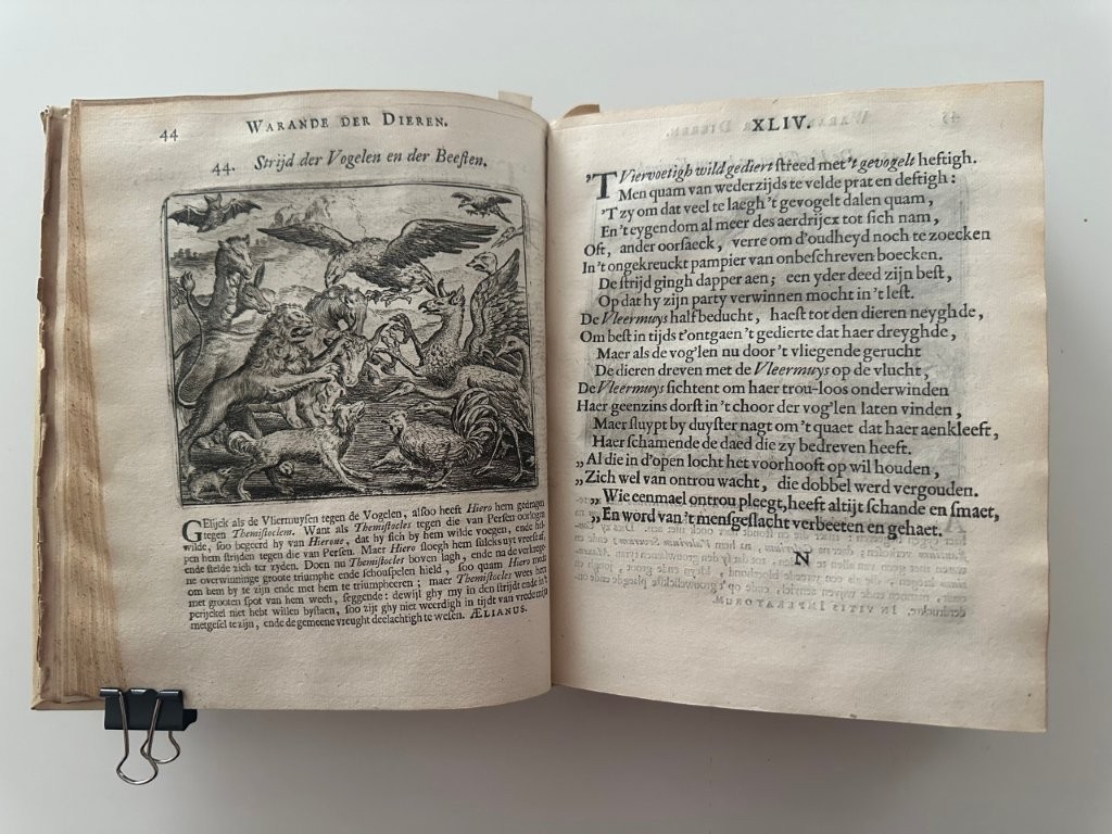 Rare ilustrated fable book Vondel, Jost van den. - Vorstelijcke Warande der Dieren - Bound with: 1. Vondel, J.v. P=alamedes of Vermoorde Onnozelheit Treuspiel - 2. Vondel, .v. Hekeldigten, met aanteekeningen.