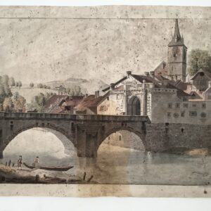 European village with river, bridge and Church.