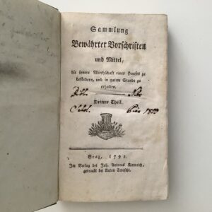 Sammlung: -  Bewährter Vorschriften und Mittel, die innere Wirthschaft eines Hauses zu befördern, und in gutem Zustande zu erhalten.